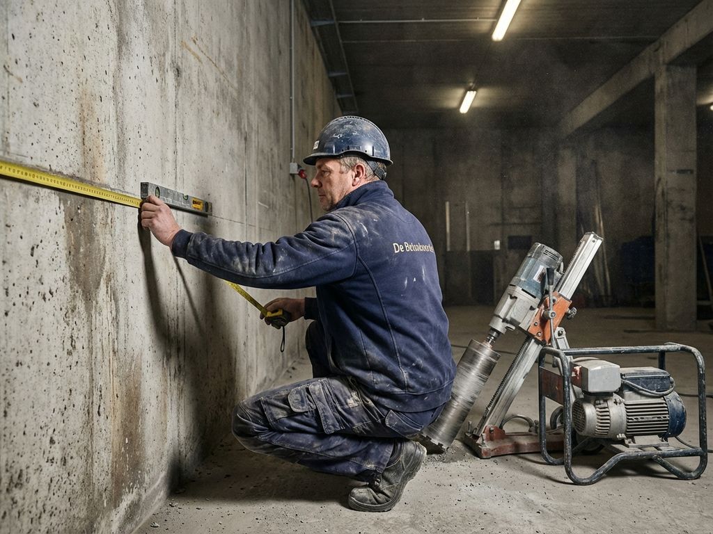 Bouwvakker van De Betonboorder meet betonnen draagmuur met meetlint en waterpas, diamantbooruitrusting nabij