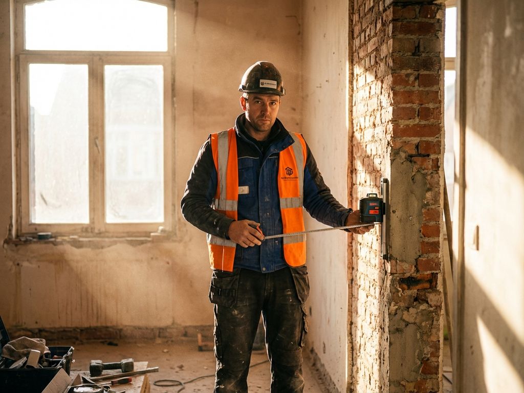 Bouwvakker van De Betonboorder meet dragende muur met gereedschap in huis met bakstenen en beton