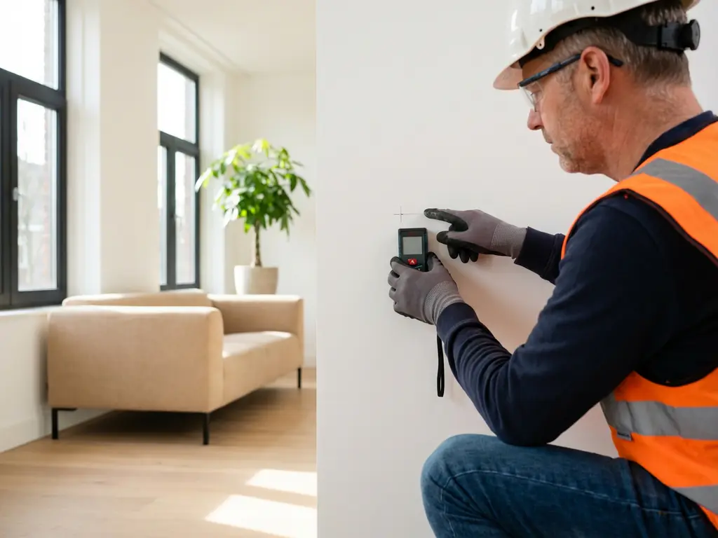 Aannemer in veiligheidskleding meet witte muur met meetgereedschap in moderne Nederlandse woning met natuurlijk licht