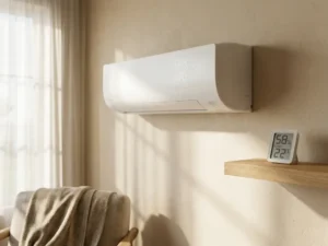 Witte wandgemonteerde airconditioner met condensdruppels naast digitale hygrometer op houten plank in moderne woonkamer