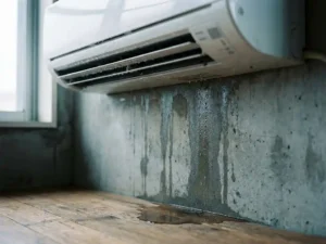 Witte wandgemonteerde airconditioner met condensdruppels die donkere vochtplekken vormen op betonnen muur