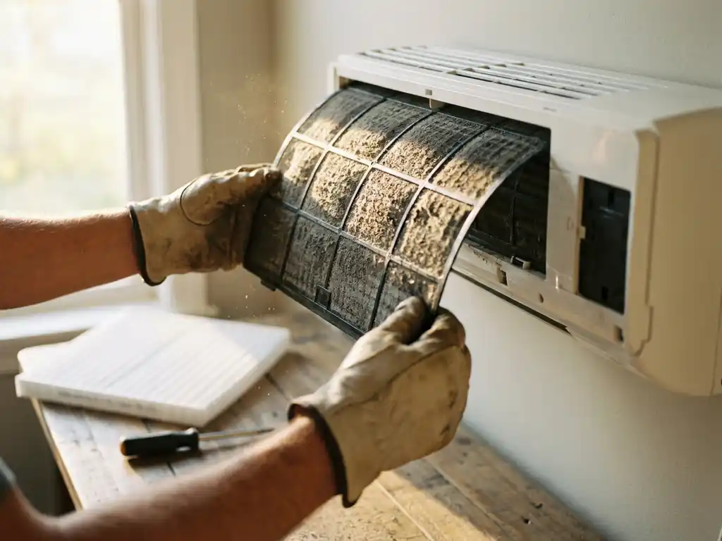 Handen in werkhandschoenen verwijderen een stoffige, verstopte aircofilter uit een witte wandgemonteerde AC-unit