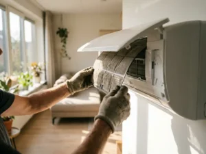 Handen verwijderen stoffig wit aircofilter uit wandgemonteerde AC-unit in modern Nederlands interieur