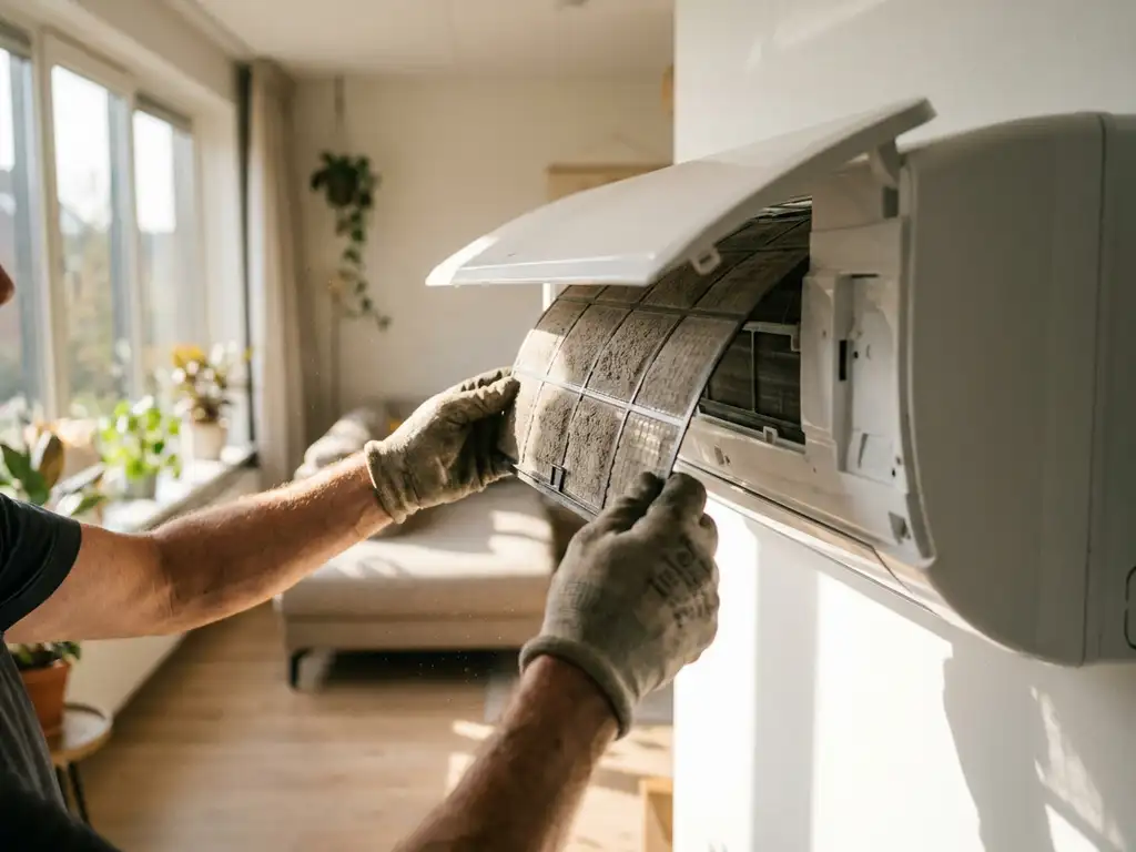 Handen verwijderen stoffig wit aircofilter uit wandgemonteerde AC-unit in modern Nederlands interieur