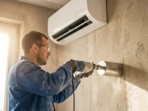 Professionele installateur boort precisiegat in betonnen muur voor witte wandgemonteerde airconditioning unit