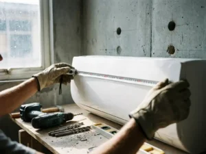 Werkhandschoenen meten witte wandgemonteerde airco-unit met meetlint, betonnen muur met boorgaten voor montagebeugels