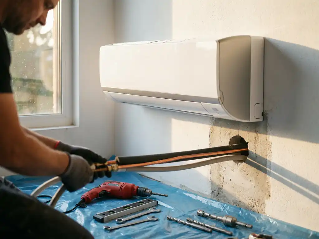 Wandgemonteerde airconditioner met koperen leidingen door geboord gat, gereedschap en boorkoppen op beschermfolie