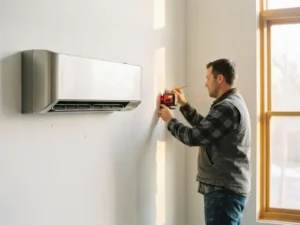 Professionele installateur meet wandruimte met laserniveau naast moderne airconditioning unit op witte muur