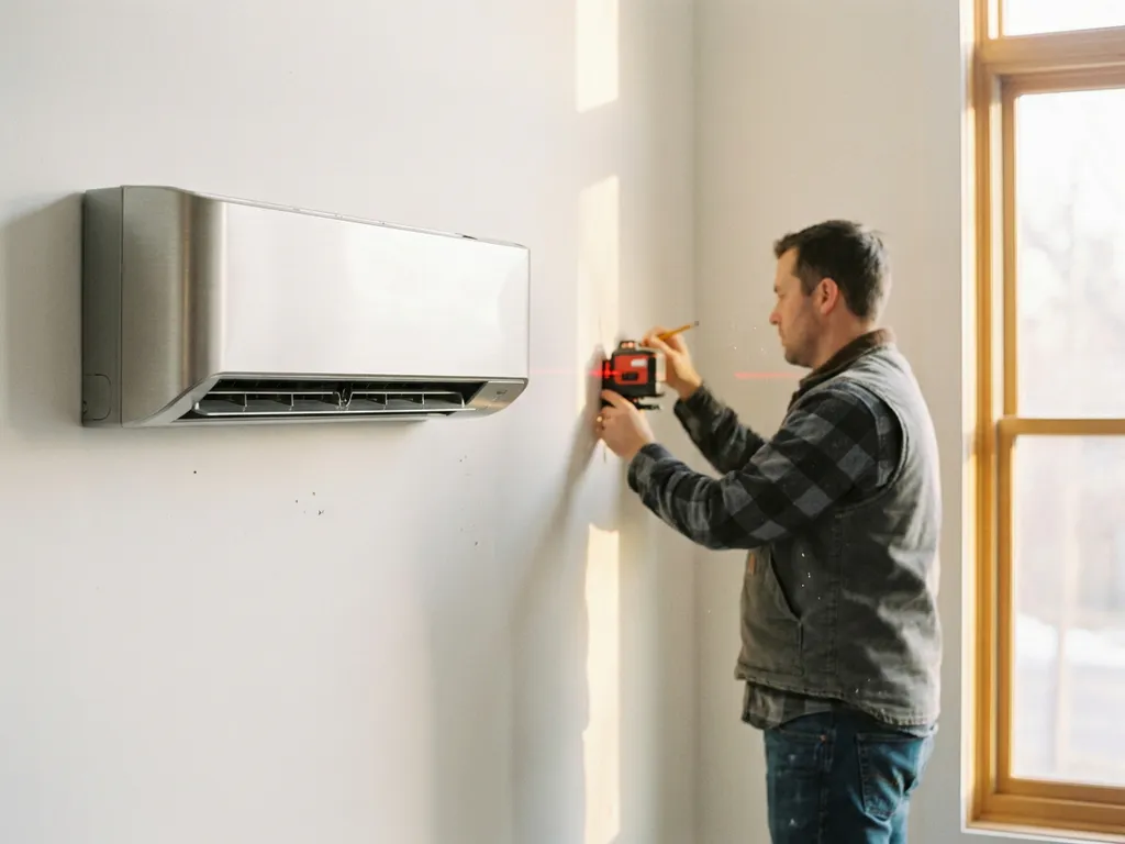 Professionele installateur meet wandruimte met laserniveau naast moderne airconditioning unit op witte muur