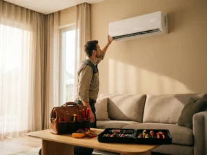Witte wandgemonteerde airconditioner toont 21°C terwijl monteur thermostaat afstelt in moderne woonkamer
