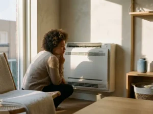 Huiseigenaar onderzoekt stoffige witte airco unit aan muur in moderne Nederlandse woonkamer met warm zonlicht