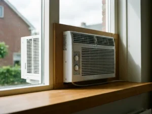 Witte raam-airconditioner gemonteerd in houten kozijn met condensdruppels op metalen oppervlak