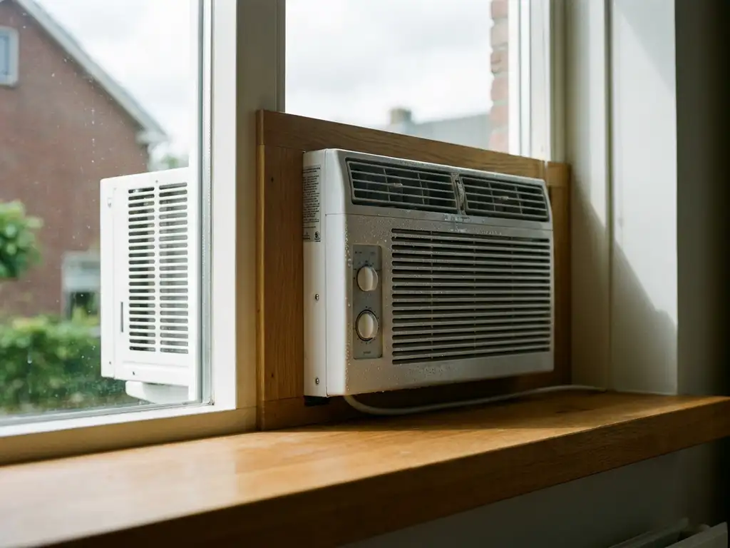Witte raam-airconditioner gemonteerd in houten kozijn met condensdruppels op metalen oppervlak