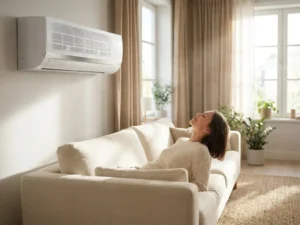 Witte wandgemonteerde airconditioning met zichtbare luchtfilters boven persoon op crèmekleurige bank in lichte woonkamer