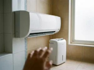 Witte wandmontage airconditioner met waterdruppels in badkamer hoek, keramische tegels met vocht en luchtontvochtiger op vloer