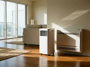 Draagbare witte airconditioner op wieltjes naast wandgemonteerde monoblock airco in moderne woonkamer met natuurlijk licht