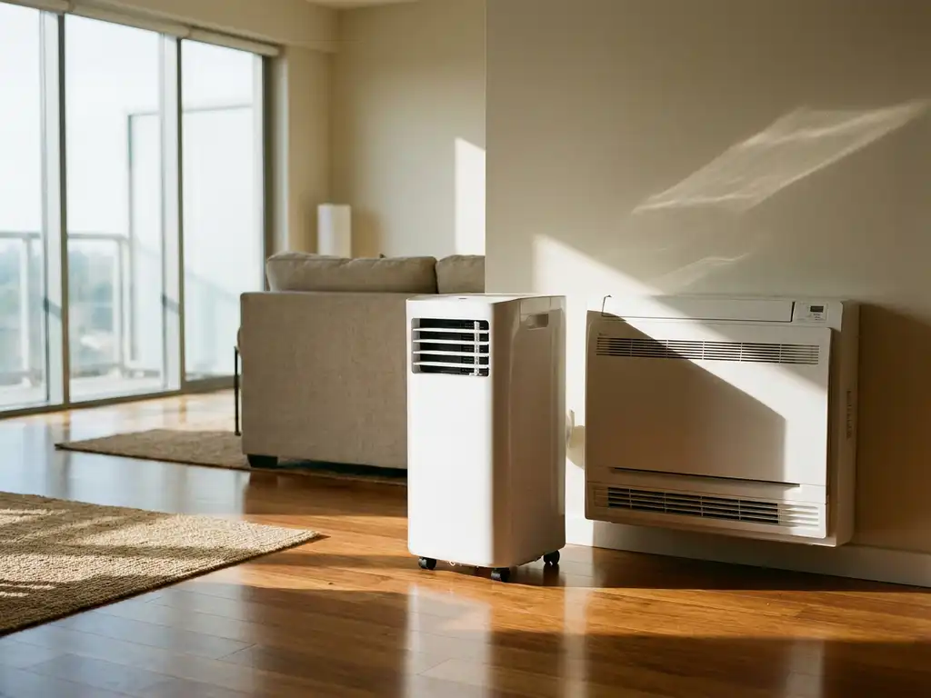 Draagbare witte airconditioner op wieltjes naast wandgemonteerde monoblock airco in moderne woonkamer met natuurlijk licht