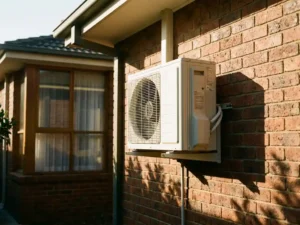 Witte airconditioner gemonteerd op bakstenen muur dicht bij raam van naburig huis in warme middagzon