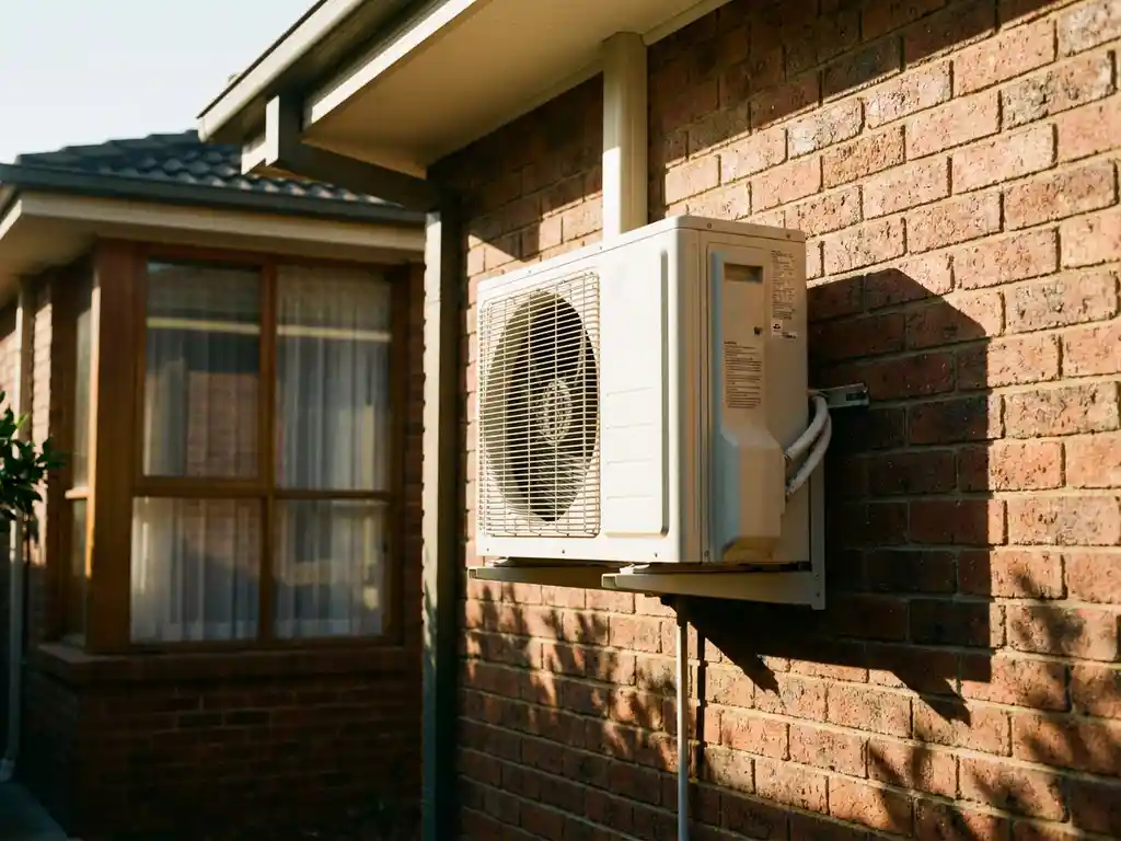 Witte airconditioner gemonteerd op bakstenen muur dicht bij raam van naburig huis in warme middagzon