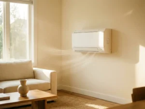 Witte monoblock airconditioner gemonteerd op crèmekleurige muur in moderne woonkamer met gouden zonlicht