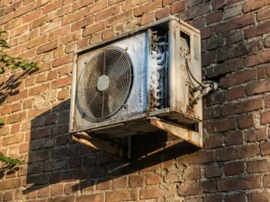 Airconditioning unit op bakstenen muur met rijpvorming op spoelen en scheef bevestigingsbeugel in zomerzonlicht