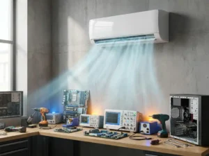 Witte wandgemonteerde airconditioner boven elektronische apparatuur op werkbank, koude nevel beschermt circuits tegen oververhitting