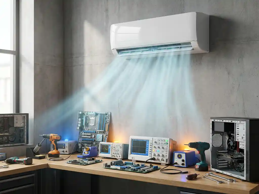 Witte wandgemonteerde airconditioner boven elektronische apparatuur op werkbank, koude nevel beschermt circuits tegen oververhitting
