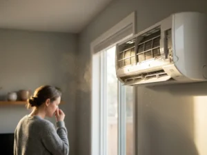 Witte airconditioner aan muur met zichtbare stofdeeltjes en stuifmeel in zonnestraal, persoon raakt neus aan op achtergrond