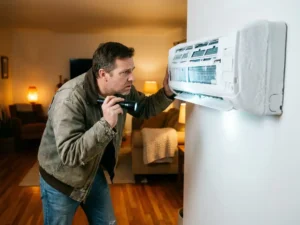 Bevroren airconditioner met ijskristallen aan ventilatieroosters, huiseigenaar onderzoekt defect met zaklamp in warme woonkamer