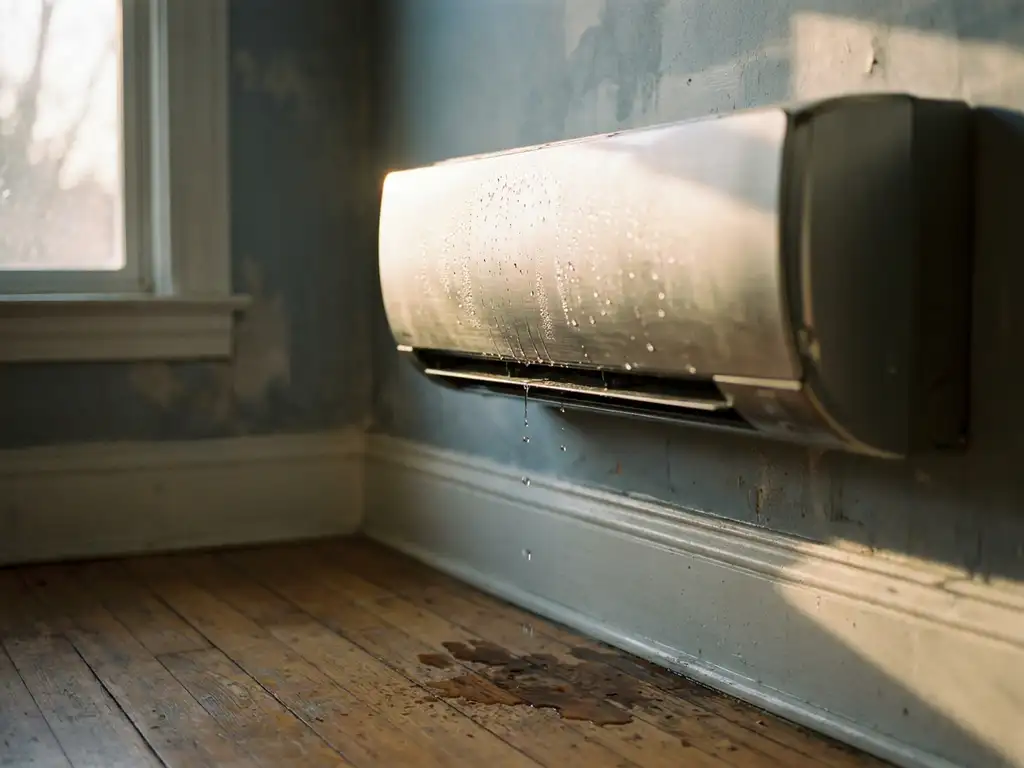 Waterdruppels op metalen airconditioning-unit druipen op houten vloer, warme middagzon benadrukt condensatie