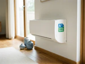 Moderne airconditioner gemonteerd op witte muur met energielabel, natuurlijk daglicht en warme houten vloer