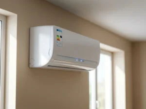 Witte wandgemonteerde airconditioner met energielabel op schone binnenmuur, natuurlijk daglicht door nabijgelegen raam