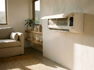 Witte wandgemonteerde airconditioning met zichtbare luchtinlaat en zwevende stofdeeltjes in zonnestraal, modern interieur