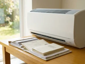 Witte wandgemonteerde airconditioner met garantiebewijs en documentatie op houten tafel in natuurlijk daglicht