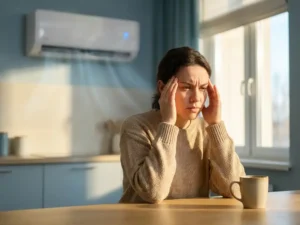 Persoon masseert slapen aan keukentafel met witte airconditioning op achtergrond in zonnige kamer