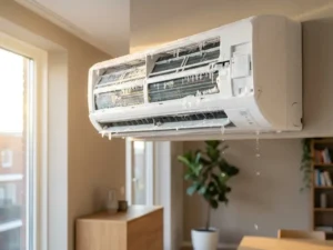 Witte wandgemonteerde airconditioning met ijskristallen en bevroren condensdruppels in modern Nederlands interieur
