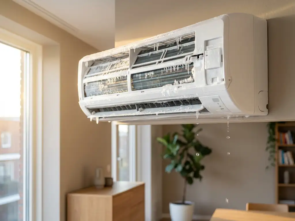 Witte wandgemonteerde airconditioning met ijskristallen en bevroren condensdruppels in modern Nederlands interieur