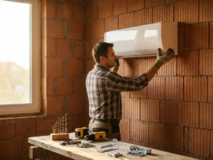 Huiseigenaar installeert witte airconditioning tegen bakstenen muur met professioneel gereedschap op werkbank