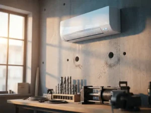 Witte wandgemonteerde airconditioner met condensdruppels boven betonnen muur met boorgaten en diamantboren op werkbank