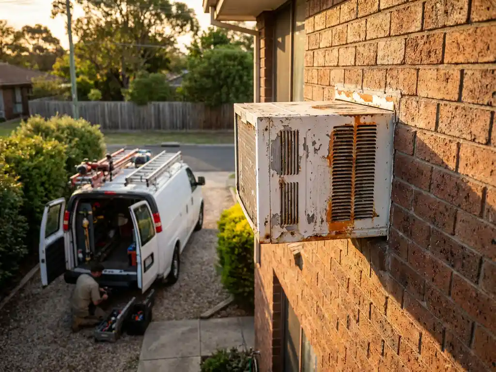 Verweerde witte airconditioning unit gemonteerd op bakstenen muur van woonhuis met installatiebedrijf busje geparkeerd