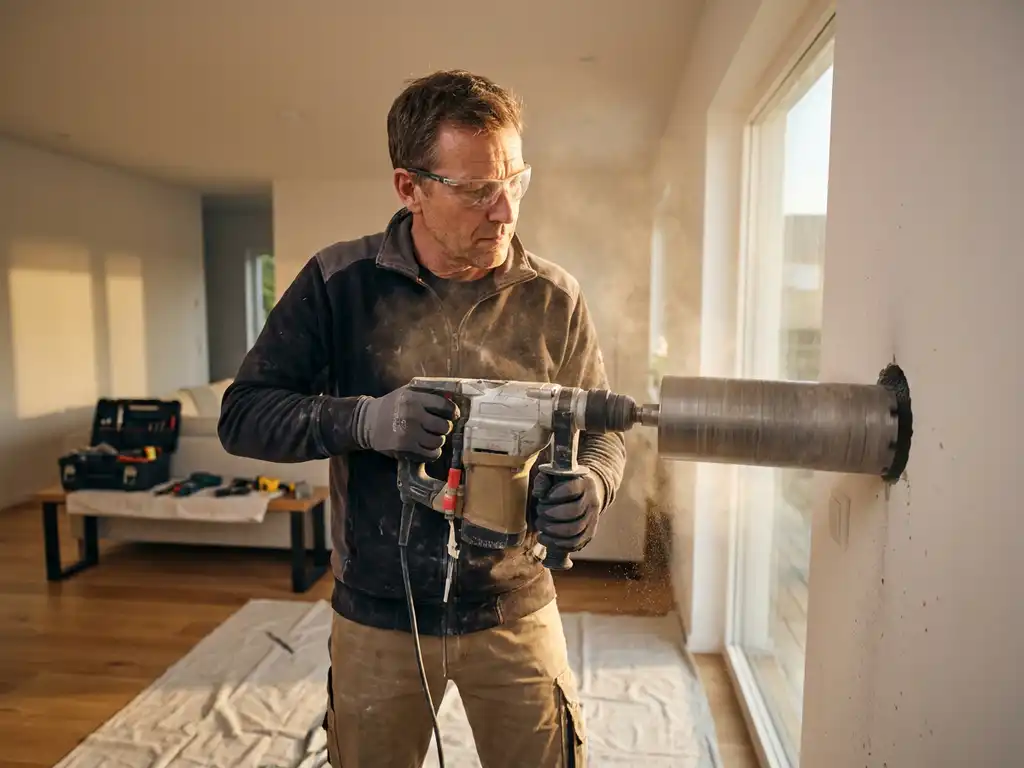 Technicus boort precisiegat in witte muur met diamantkernboor voor airco-installatie, betonstof zichtbaar in zonlicht