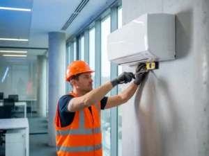 Bouwvakker in reflecterende veiligheidskleding installeert witte wandgemonteerde airconditioning in modern kantoor