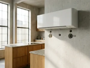 Witte wandmontage airconditioner boven moderne keukeneiland met zichtbare diamantboor gaten in betonnen muur