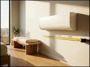 Witte wandgemonteerde airconditioning in moderne slaapkamer met meetlint voor installatie-afmetingen