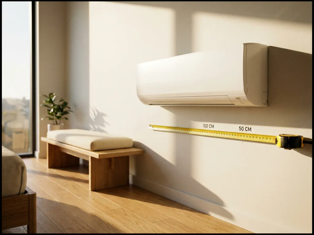 Witte wandgemonteerde airconditioning in moderne slaapkamer met meetlint voor installatie-afmetingen