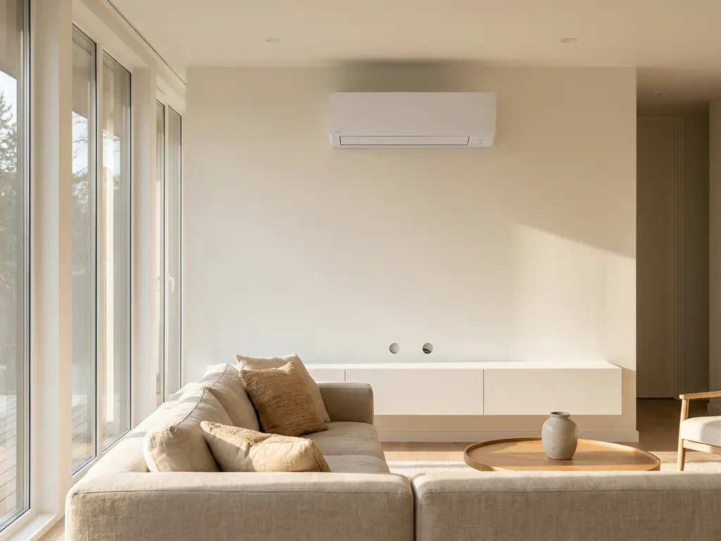 Witte wandgemonteerde airconditioning unit geïnstalleerd in moderne woonkamer met warme middagzon door grote ramen