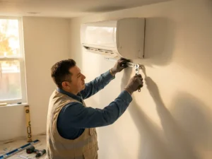 Monteur installeert witte split-unit airconditioning aan binnenmuur met professioneel gereedschap in zonnige kamer