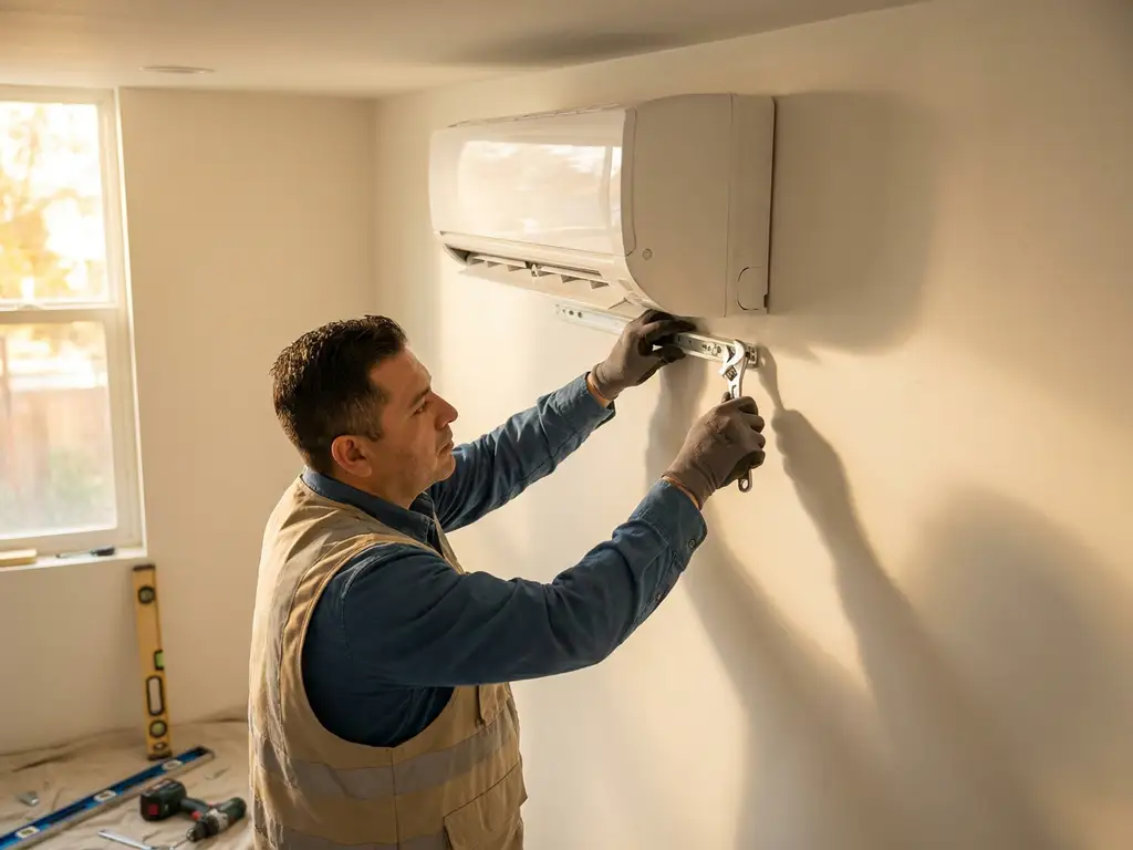 Monteur installeert witte split-unit airconditioning aan binnenmuur met professioneel gereedschap in zonnige kamer