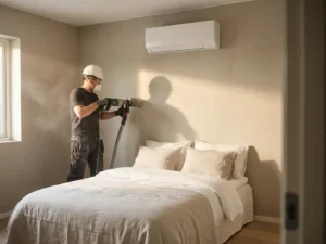 Professional boort nauwkeurig gat in betonnen muur voor wandgemonteerde airco-installatie in slaapkamer