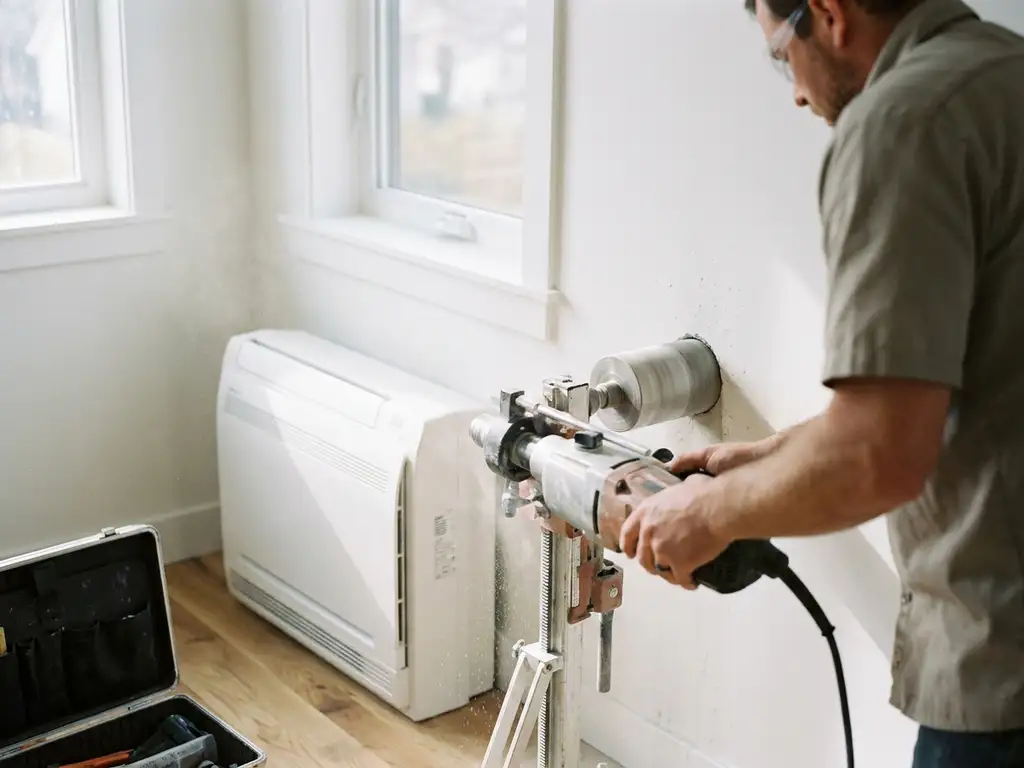 Technicus boort precisiegat in witte muur met diamantboor voor airconditioning installatie